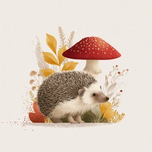 Centered hedgehog beside mushroom, vintage illustration, autumn...