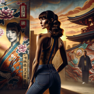 Athletic Thin skinny Attractive, Asian teenage girl, long brown hair and bangs, wearing tight skinny jeans and a halter top paint marks on her clothing, heroic pose Asian graffiti background, backside view