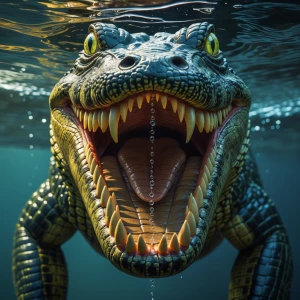 Ultra-realistic, dramatic frontal view of a massive crocodile with its jaws wide open, revealing rows of razor-sharp teeth. The camera is half-submerged, perfectly splitting the image—above the waterline, the crocodile’s intense, piercing eyes stare directly ahead, with water droplets on its rough, scaly skin. Below the waterline, its powerful open mouth is fully visible, showing sharp teeth and a dark throat, with tiny air bubbles escaping. The waterline is sharply defined, creating a split view of the murky underwater world and the bright, natural riverbank scenery above. Sunlight refracts through the water, casting a cinematic glow. Highly detailed, National Geographic photography style, 8K resolution, hyper-realistic textures, dramatic lighting, intense and suspenseful atmosphere."