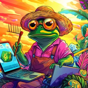 Pepe the Frog wearing a straw hat and holding a pitchfork, sitti...