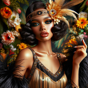 Picture a light-skinned African-American woman with striking Hawaiian features, immersed in the roaring 1920s. She's a dazzling flapper, her lively spirit captured in her attire and poise. She wears a shimmering black and gold flapper dress adorned with sequins and fringe that glisten with her every movement. Around her head, a matching headband sits gracefully, embellished with feathers and a jewel that echoes the opulence of the era. Her hair is styled in perfect finger waves, highlighting her alluring gaze and bold makeup typical of the 1920s—a smoky eye and dark, glossy lips. The background is a kaleidoscope of vibrant tropical flowers, creating a lush and vivacious scene that reflects her Hawaiian roots. Her entire demeanor is one of elegance and jubilance, a true celebration of her heritage and the exuberant era she embodies.