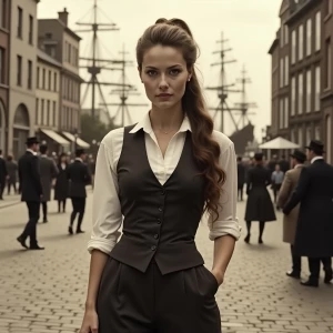 A rebellious woman from the late 1800s stands confidently, dress...