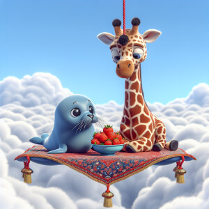 A little blue sea Seal and giraffe both are eating a bowl of str...