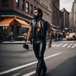 Muscle and beefy Man hairy chest black hair and beard with leath...