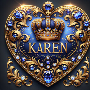 Create an image of a heart-shaped tag with an ornate royal blue...