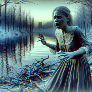 A girl stands in horror near a terrible lake in the morning