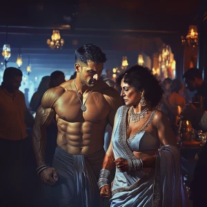 Photorealism,fantasy,a bodybuilder man ,walking with his 50 year...