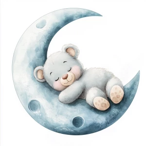 A cute, cartoon teddybear lies on a stylized, soft blue grey crescent moon. The moon shows the crater holes and relief in the surface. The teddy bear is light gray with large, round, pink-spotted ears.  Its body is round and he has expressive eyes.  its facial expression is happy and friendly. The teddy bears leg and foot are visible, and its posture is relaxed, lying down in the curve of the moon. it's stomach is lying down on the moon with left arm and leg showing hanging down. The moon is a soft, shaded blue, with watercolor-like texture and subtle shading. The background is white. The image is in a child-friendly style, showcasing delicate line work and color palettes. The composition is centered on the teddy bear which is positioned lying slumped face down on  the moon, giving the moon a hug with closed eyes. The overall style is sweet, whimsical, and reminiscent of children's book illustrations.  The colors are pastel and soothing, creating a gentle atmosphere.