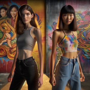 Athletic Thin skinny Attractive, Asian teenage girl, long brown hair and bangs, wearing tight skinny jeans and a halter top paint marks on her clothing, heroic pose Asian graffiti background, backside view