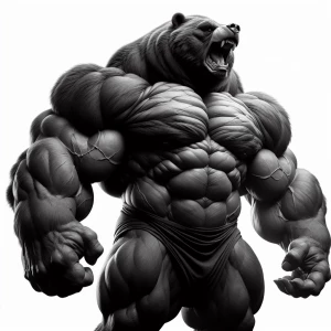 Big fat strong black bear-like character with massive pecs arms and thighs