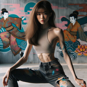 Very thin Athletic Thin skinny Attractive, Asian teenage girl, long brown hair and bangs, wearing tight skinny jeans and a halter top paint marks on her clothing, sitting side view heroic pose Asian graffiti