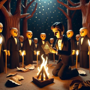 "A surreal stop-motion nighttime ritual deep in the woods. A young college student in a tuxedo kneels before a roaring miniature bonfire, its flames flickering eerily against his carved wooden face. Surrounding him, faceless stop-motion figures in black robes hold tiny golden insignia rings, reflecting the firelight. The night sky above is textured like hand-painted fabric, adding to the eerie handcrafted look. A whisper of wind rustles the miniature leaves of fake stop-motion trees, as the student extends his hands toward a sealed envelope with a fraternity crest."