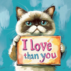 A sassy-looking grumpy cat holding a colorful sign with the hand...
