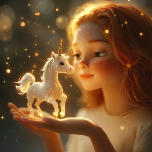 A tiny glowing unicorn, no taller than a teacup, gently trots an...