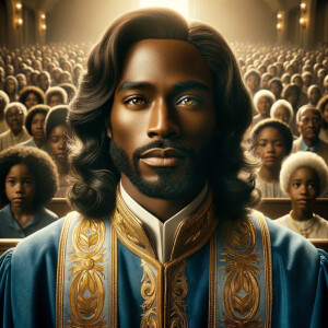 Illustrate an inspiring African-American Jesus crust with a dign...