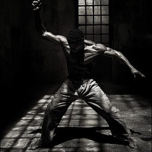 In a dimly lit prison yard, an inmate break dances with mesmeriz...