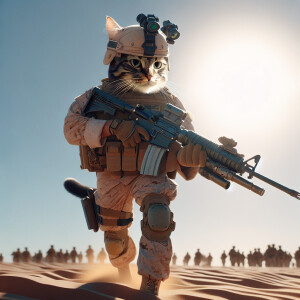 Create a realistic image of a cat as a human US Marine strolling...