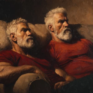 Two muscular, elderly bodybuilders, both with gray hair and bear...
