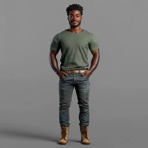 Create a lifelike image of a man with a medium build and dark sk...