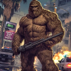 A towering, muscular Bigfoot covered in thick, brown fur, standi...
