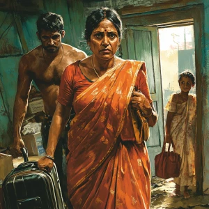 Realism ,a 54-year-old Gujarati housemaid wearing a bright orang...