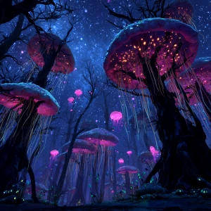 In the image, a fantastical and eerie alien forest is depicted f...