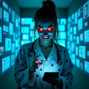 "A demonic female Nurse, with burning eyes set in a menacing gri...