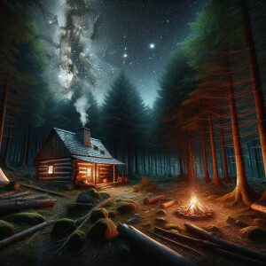 A rustic cabin in the woods with a campfire and stars