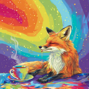 A whimsical image of a fox sipping coffee against a colorful rai...