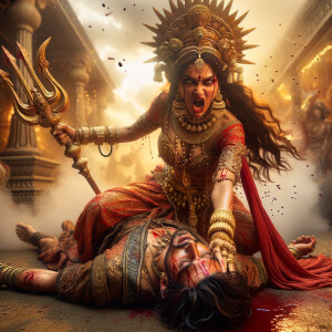 portrait of angry looking, indian goddess cosplayer straddling a defeated mahishasur, while he is lying on the ground and she stabs him with her trident. She is wearing a huge gold crown, red saree, abundant  gold jewelry, covered in blood. The scene is set in ancient India. The image is 8K resolution, cinematic, photography, ultra detailed face and epic.