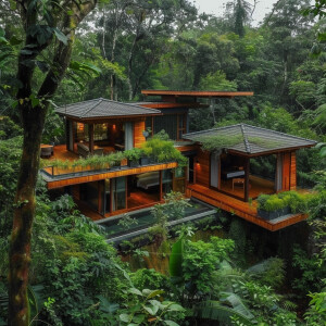 Top distantly viewed pictures of two Kerala sloping roof with on...