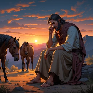 A noble prophet-like figure sits quietly, gazing at the sun sett...