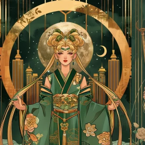 Elegant, cinematic portrait of a Sailor Moon–Geisha heroine in a...