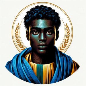 Create a African-American Christian Jesus, with brown eyes, wearing a blue and gold robe