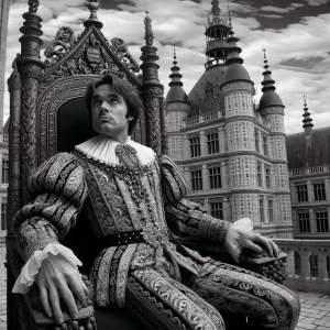 Create a digital portrait of Lord Farquaad, the antagonist from the Shrek film series, capturing his distinctive medieval attire, pompous expression, and short stature while sitting on his extravagant throne in Duloc Castle.