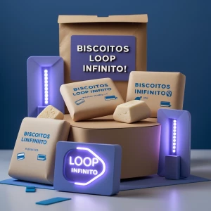 Imagem de um pacote de biscoitos moderna e futurista, nas cores...