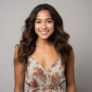 A cute woman

Californian

Smiling 

Clothes: Floral Dress

Look...