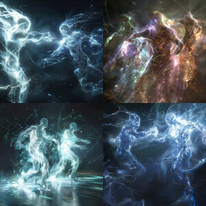 Translucent beings resembling humanoid figures made of light and...