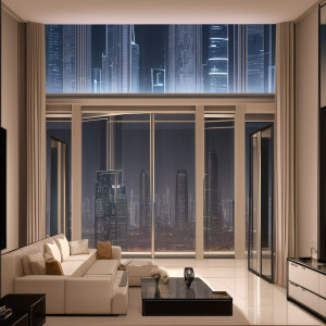 A photo of the interior of a Dubai apartment at night, with a la...