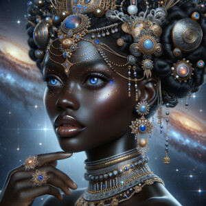 "Create a portrait of a regal African-American woman with an ethereal and cosmic theme. Her skin is a glossy ebony, with a smooth and flawless finish that reflects light. Her eyes are a striking electric blue, like sapphires, with a makeup that accentuates their shape and the intensity of their color. Her hair is styled into an intricate array of braids, coils, and twists that cascade down and frame her face, adorned with beads and jewels that catch the light. She wears an elaborate headdress made of swirling patterns and motifs that evoke the mysteries of the universe, studded with shimmering stones and intricate enamel work in hues of blue and gold. Her attire consists of a cascade of layered necklaces and a majestic, shoulder-grazing earring, each piece detailed with a mix of precious stones, metals, and intricate beadwork. The background is a tapestry of stars and nebulas, suggesting a connection to the cosmos. Her pose is serene, with a hand gracefully touching her chin, adorned with rings that complement her other jewelry, all coming together to suggest an aura of wisdom and grace."