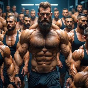 A hyper-realistic, muscular man with a full beard, showcasing a...