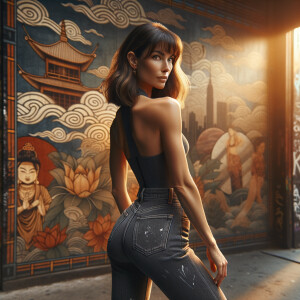 Athletic Thin skinny Attractive, Asian teenage girl, long brown hair and bangs, wearing tight skinny jeans and a halter top paint marks on her clothing, heroic pose Asian graffiti background, backside view