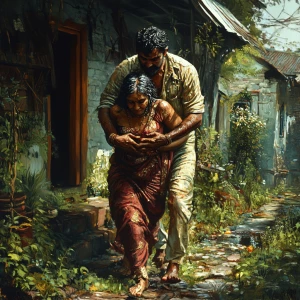 realism art HD,a muscular sweaty man walking and carrying his 52...