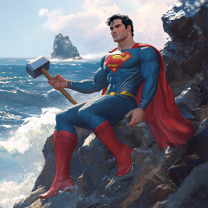 Create a 3D anime-style scene featuring Superman, the iconic sup...