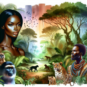 Airbrush style: jungle landscape with trees and animals, Jane sl...