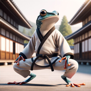 A realistic anime of a tree frog, wearing Japanese gui, mediating tai chi