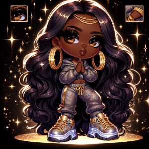 A chibi-style African American girl with rich melanin skin, long...