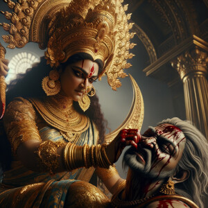 portrait of angry looking goddess durga pinning a weak mahishasur to the ground with her foot. She is wearing gold armor, a huge gold crown, gold saree, abundant  gold jewelry, covered in blood. The scene is set in ancient India. The image is 8K resolution, photography, cinematic, ultra detailed face and epic