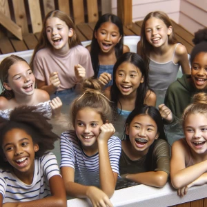 A group of middle school girls hanging out in a hot tub. Misbeha...
