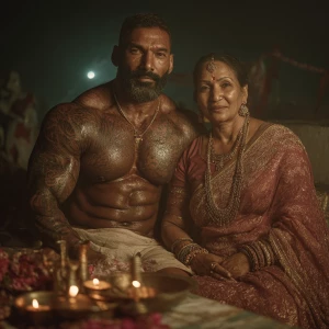 Realism, photo painting.a muscular beefy sweaty tattoed indian m...